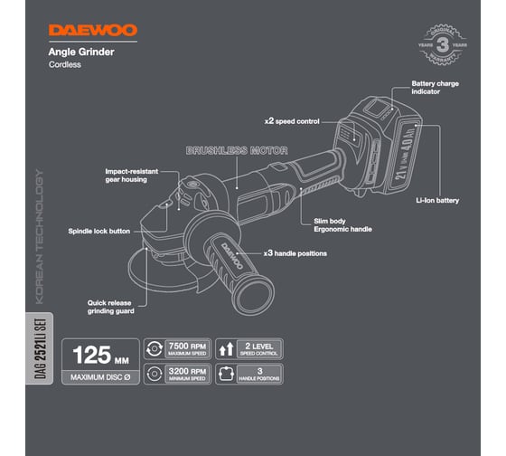 Углошлифовальная машина аккумуляторная DAEWOO DAG 2521Li SET