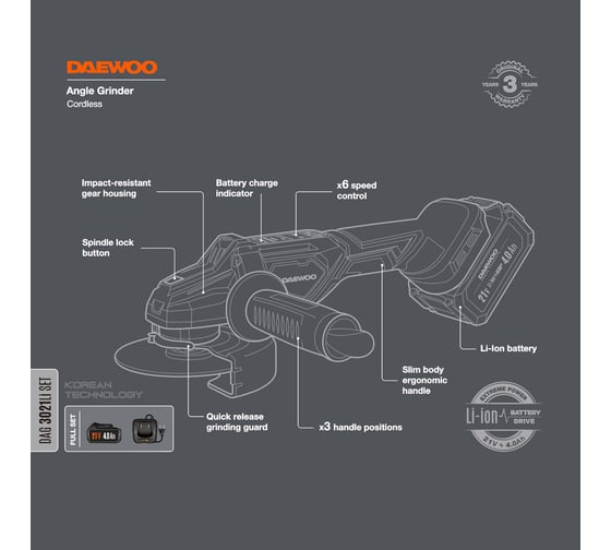 Углошлифовальная аккумуляторная машина DAEWOO DAG 3021Li SET