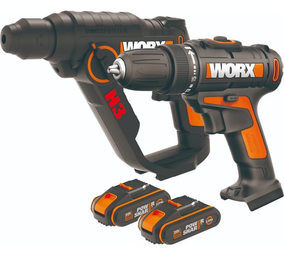 Комбо-набор WORX WX927: аккумуляторная дрель-шуруповерт WX101.9 + аккумуляторный перфоратор H3 WX390.1