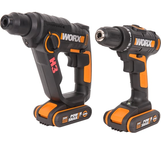 Комбо-набор WORX WX927: аккумуляторная дрель-шуруповерт WX101.9 + аккумуляторный перфоратор H3 WX390.1