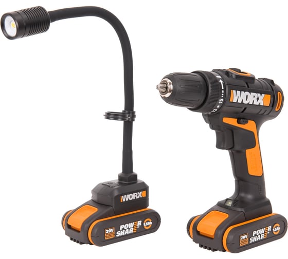 Комплект аккумуляторных инструментов WORX WX977: дрель-шуруповерт WX101.9 и настольный фонарь WX028.9