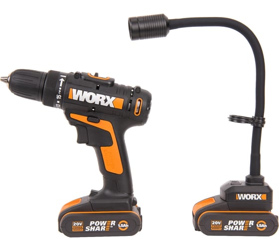 Комплект аккумуляторных инструментов WORX WX977: дрель-шуруповерт WX101.9 и настольный фонарь WX028.9