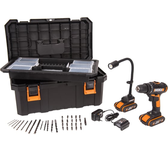 Комплект аккумуляторных инструментов WORX WX977: дрель-шуруповерт WX101.9 и настольный фонарь WX028.9