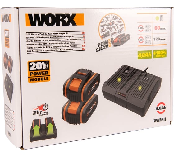 Комплект: Двойное Зарядное устройство WORX WA3883 + 2 АКБ 4.0 А/ч