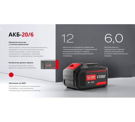 Аккумулятор (20 В; 6 А.ч; Li-Ion) Ставр 9090320004