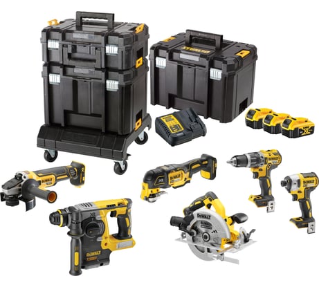Набор электроинструмента Dewalt 18 В: перфоратор + дисковая пила + УШМ + дрель + шуруповерт + реноватор, с 3 АКБ 5 Ач и ЗУ, в 3 кейсах TSTAK, DCK685P3T DCK685P3T-QW
