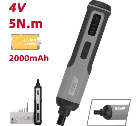 Отвертка аккумуляторная DELI DC160 (4В х 2Ач, 5Нм, 300об/мин, Type-C, набор бит 4 шт, коробка) 162800 36878754