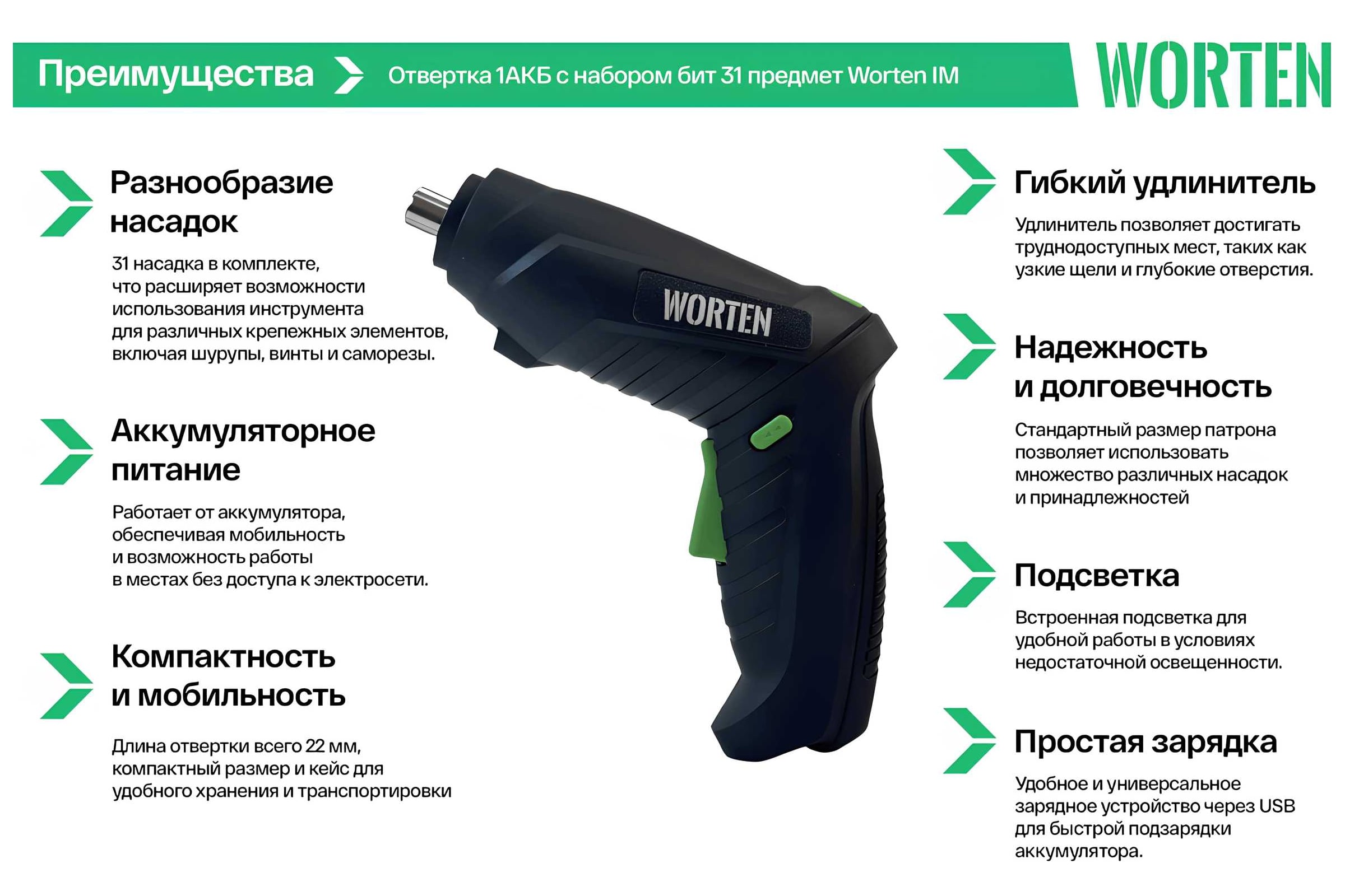 Аккумуляторная отвертка WORTEN 4В, 1АКБ, 1,3 Ач, с набором бит 31 предмет КА-90000327 — фото 3