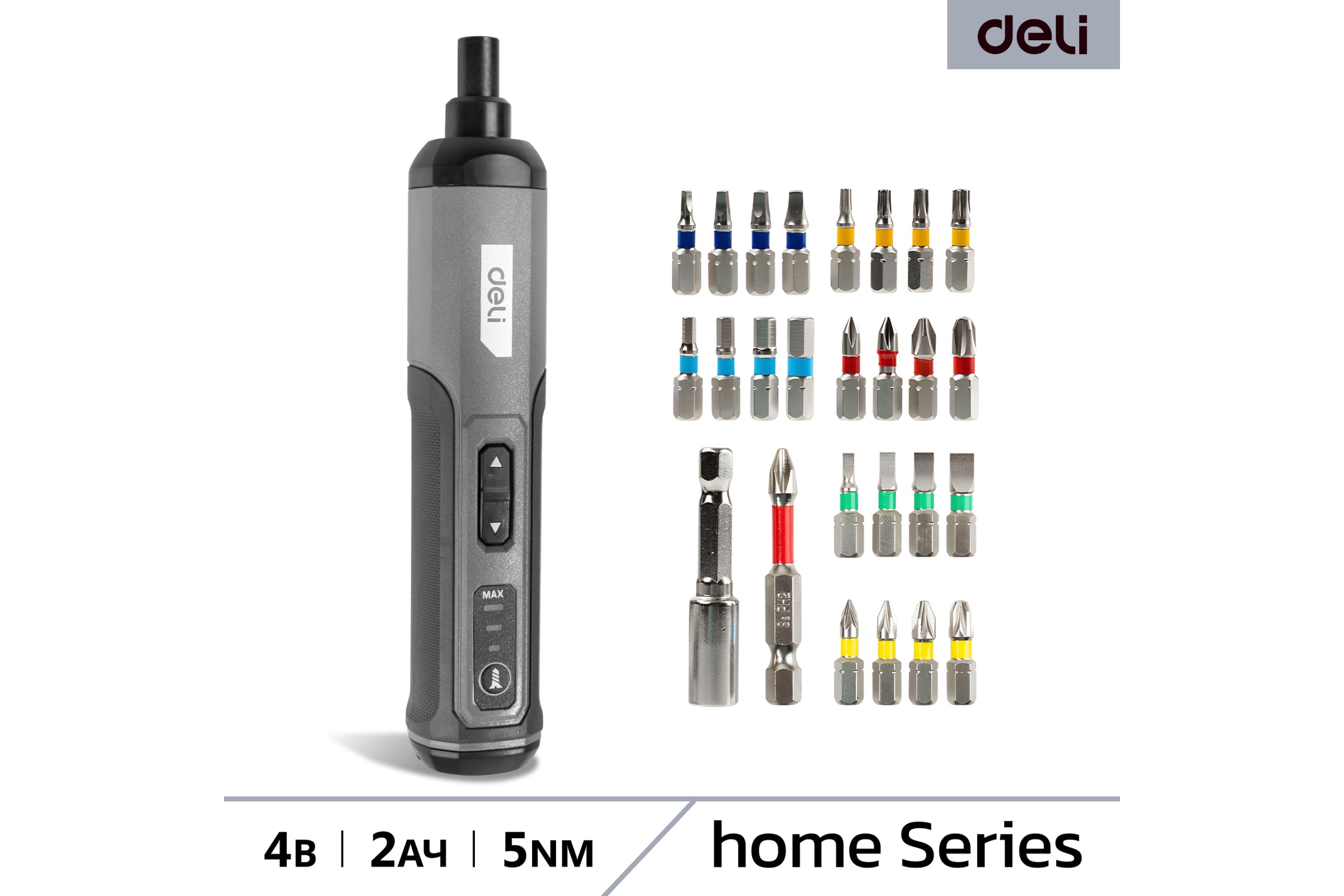 Отвертка аккумуляторная DELI DC161 (4В х 2Ач, 5Нм, 300об/мин, Type-C, набор бит 24 шт, кейс) 162802 — фото 3