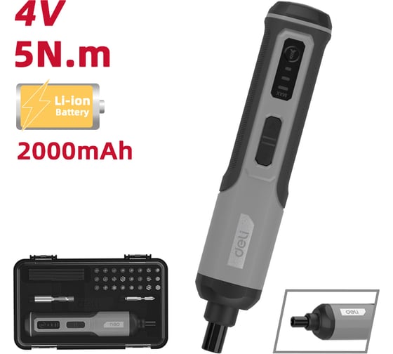 Отвертка аккумуляторная DELI DC161 (4В х 2Ач, 5Нм, 300об/мин, Type-C, набор бит 24 шт, кейс) 162802 36878862