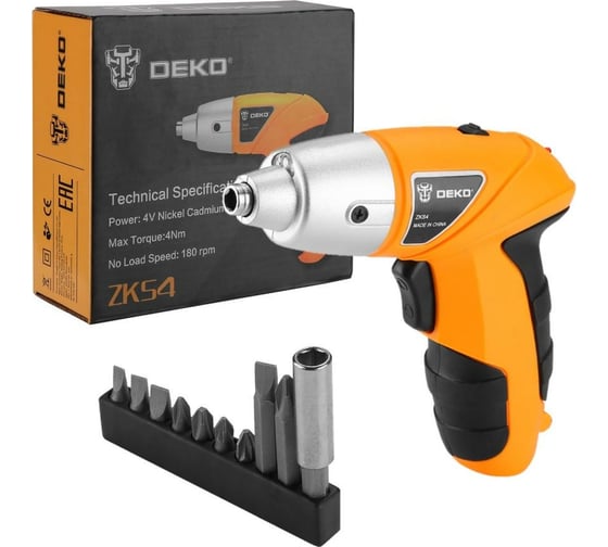 Аккумуляторная отвертка DEKO ZKS4, 4В, 0.6 Ач, з/у с набором оснастки 10 шт, 4 Нм 063-4113