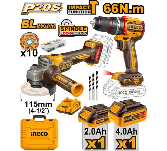 Набор INGCO 20В, BL шуруповерт 66Нм и УШМ 115/125 мм SUPER INDUSTRIAL CKLI20273