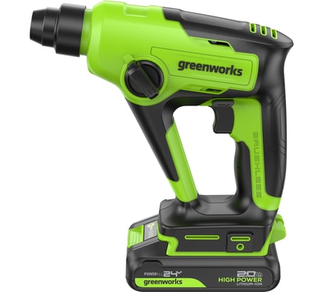 Перфоратор GreenWorks GD24SDS1, 24V, б/щет, 1.2 Дж, 4800уд/мин, 12 мм в бетоне, 1x2Ач, ЗУ, коробка 3803107VUA