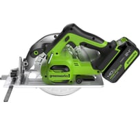 Дисковая пила GreenWorks GD24CS, 24V,б/щет, диск 185х20мм, 4500 об/мин, рез 63мм,1x4Ач,ЗУ, коробка 1500907VUB