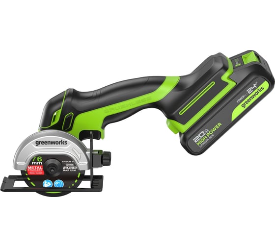 Угловая мини-шлифмашина GreenWorks GD24UCS, 24V, б/щет, 20000 об/мин,76 мм, рез 18 мм, 1x2Ач, ЗУ, коробка 3402007VUA
