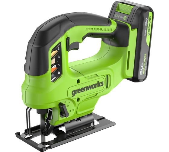 Лобзик GreenWorks GD24JS90, 24V, б/щет, 90мм, 0-3000/мин, 4 ст.маятник, LED, 1x2Ач, ЗУ, коробка 3601707VUA