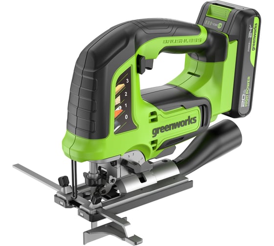 Лобзик GreenWorks GD24JS, 24V, б/щет, 100мм, 800-3000/мин, 4-ст.маятник, алюмниевая подошва, LED, 1x2Ач, ЗУ, коробка 3601407VUA