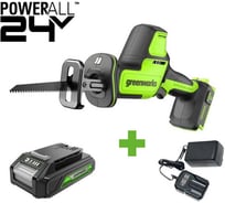 Пила сабельная GreenWorks GPT-CRS-25, 24V, б/щет, 0-3000/мин, рез 80мм по дереву, LED, 1x2Ач, ЗУ, коробка 1200507VUA
