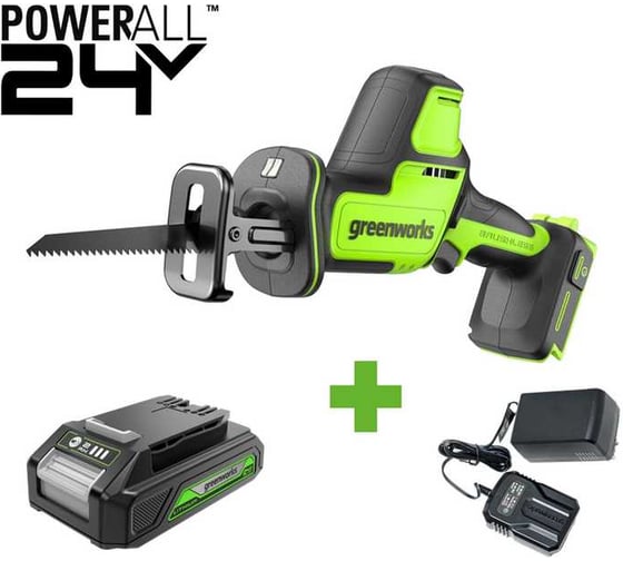 Пила сабельная GreenWorks GPT-CRS-25, 24V, б/щет, 0-3000/мин, рез 80мм по дереву, LED, 1x2Ач, ЗУ, коробка 1200507VUA