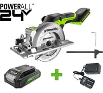 Дисковая мини пила GreenWorks G24MCS, 24V, б/щет, диск 120x9.5мм, 6500об/мин, рез 39мм, 1x2Ач, ЗУ, коробка 1501207VUA