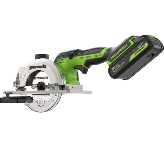 Дисковая мини пила GreenWorks G24MCS, 24V, б/щет, диск 120x9.5мм, 6500об/мин, рез 39мм, 1x2Ач, ЗУ, коробка 1501207VUA