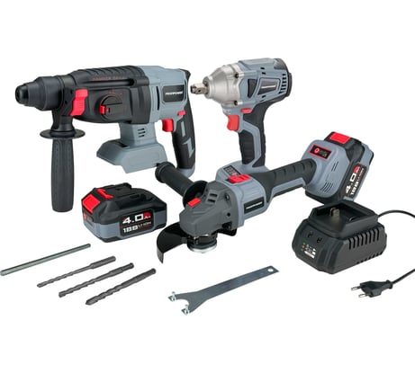 Аккумуляторный бесщеточный набор 3в1 Profipower УШМ MKDGA-18V, гайковерт MKDTW-18V, перфоратор MKDHR-18V (Li-ion-2шт 18В, 4.0Ач, З/У) E0095