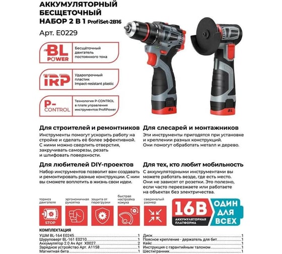 Аккумуляторный бесщеточный набор 2в1 Profipower ProfiSet 2B16 (Li-ion 2шт, 2.0Ач, З/У, в кейсе, E0210, E0245) E0229