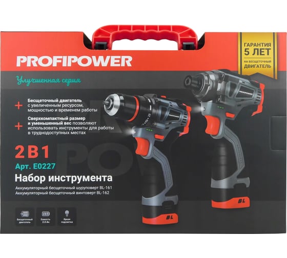 Аккумуляторный бесщеточный набор 2в1 Profipower ProfiSet 2A16 Li-ion 2шт, 2.0Ач, З/У, в кейсе, E0210, E0211 E0227