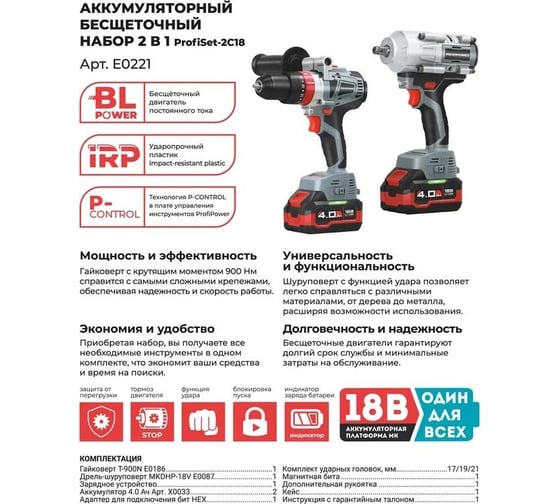 Аккумуляторный бесщеточный набор 2в1 Profipower ProfiSet 2С18, Li-ion 2шт, 4Ач, адаптер HEX, набор головок, З/У, кейс, E0186, E0087, E0221