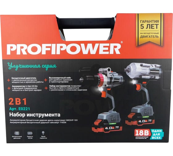 Аккумуляторный бесщеточный набор 2в1 Profipower ProfiSet 2С18, Li-ion 2шт, 4Ач, адаптер HEX, набор головок, З/У, кейс, E0186, E0087, E0221