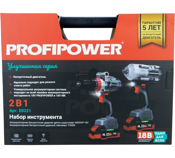Аккумуляторный бесщеточный набор 2в1 Profipower ProfiSet 2С18, Li-ion 2шт, 4Ач, адаптер HEX, набор головок, З/У, кейс, E0186, E0087, E0221