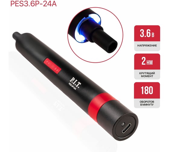 Отвертка аккумуляторная P.I.T. 3.6В, 2Нм, 1.3Ач, биты 23шт, USB ЗУ, LED подсветка, чехол PES3.6P-24A