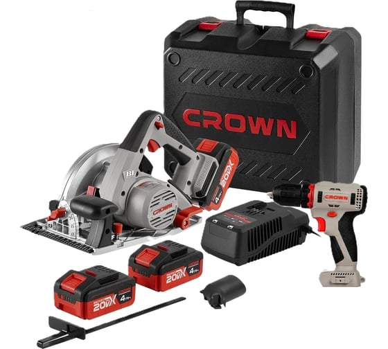 Набор инструмента CROWN пила дисковая (кейс), дрель-шупруповерт, универсальный аккумулятор 20VMax CT25002-165HX-4 BMC + CT21091HX 1