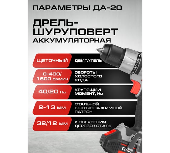 Комплект из 5 товаров Ставр 20В EAП: Дрель-шуруповерт ДА-20/40Nm + Многофункц. инструмент МИА-20 + Фонарь ФА-20/3 + АКБ-2.0Ач + ЗУ 2.4А, 9022500085