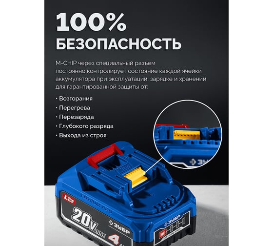 Аккумулятор ЗУБР LMS, Power PRO, 20 В, 4.0 А·ч, Профессионал BP-P-20-4