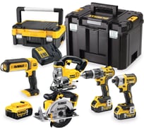 Аккумуляторный набор Dewalt DCK551P3T, 18 В: дрель + шуруповерт + пила + лобзик + фонарь, с 3 АКБ 5 Ач и ЗУ, в 2 кейсах TSTAK DCK551P3T-QW