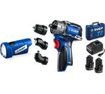 Комби набор ЗУБР Профессионал дрель-шуруповерт + LED фонарь, 12В, 45Нм, 2 аккумулятора, тип Т7, 2Ач, кейс DB-125-22F