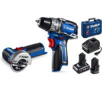 Дрель-шуруповерт ЗУБР Профессионал Компакт набор: мини УШМ, LED фонарь, 12 В, 45 Н·м, 2 АКБ тип Т7,4 и 2 А·ч, кейс DB-121-42AB