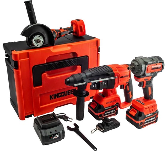 Набор KINGQUEEN 3 пред, 2 АКБ 21В, УШМ 125мм, Гайковерт 500Нм, Перфоратор 2Дж KQ-TS312 1