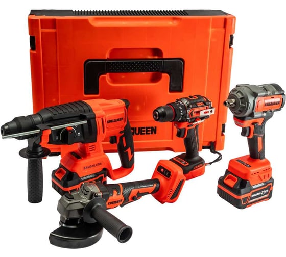 Набор KINGQUEEN 4 пред, 2 АКБ, УШМ 125мм, Гайковерт 500Нм, Шуруповерт 50Нм, Перфоратор KQ-TS411 1