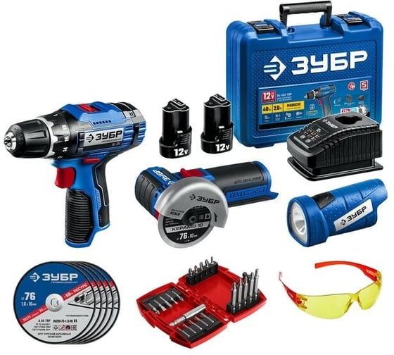 Набор ЗУБР 12Vmax набор №7: 33в1: дрель-шуруповерт + LED фонарь, мини УШМ, защитные очки, круги отрезные по металлу, набор бит 7900001 1