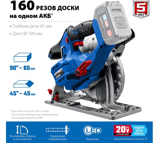 Бесщеточная циркулярная пила ЗУБР Профессионал 20В CPB-190