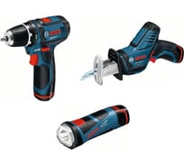 Акционный набор Bosch: аккумуляторная дрель-шуруповерт GSR 10,8-2-LI + аккумуляторная ножовка GSA 10,8 V-Li + аккумуляторный фонарь GLI 10,8 V-Li 0.615.990.CW0