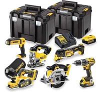 Набор бесщеточных аккумуляторных инструментов Dewalt: дрель-шуруповерт, лобзик, циркулярная пила, рубанок, реноватор-мультитул, фонарь, 3 Акб, ЗУ, 2 кейса TSTAK DCK665P3T