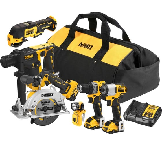 Аккумуляторный набор Dewalt DCK611P1D2, 12 В: дрель + шуруповерт + перфоратор + пила + реноватор + фонарь, с 3 АКБ и ЗУ, в сумке DCK611P1D2-QW