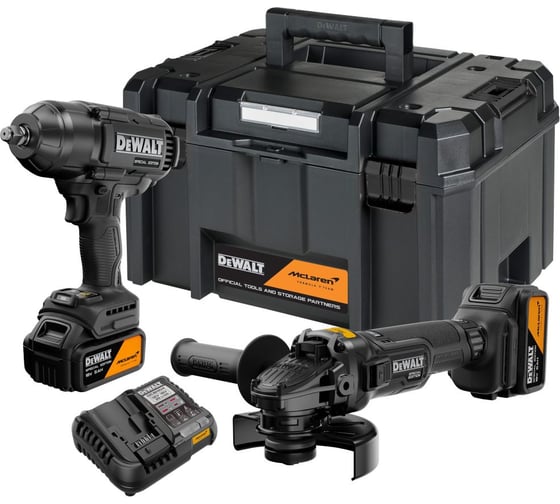 Аккумуляторный набор Dewalt McLaren Limited Edition DCK2225MP2T, 18 В: УШМ + гайковерт, с 2 АКБ 5 Ач и ЗУ, в кейсе TSTAK DCK2225MP2T-QW