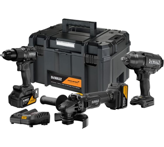 Аккумуляторный набор Dewalt McLaren Limited Edition DCK3222MP2T, 18 В: дрель + гайковерт + УШМ, с 2 АКБ 5 Ач и ЗУ, в кейсе TSTAK DCK3222MP2T-QW