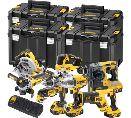 Аккумуляторный набор Dewalt DCK865P4T, 18 В: 8 инструментов, с 4 АКБ 5 Ач и двойным ЗУ, в 4 кейсах TSTAK DCK865P4T-QW
