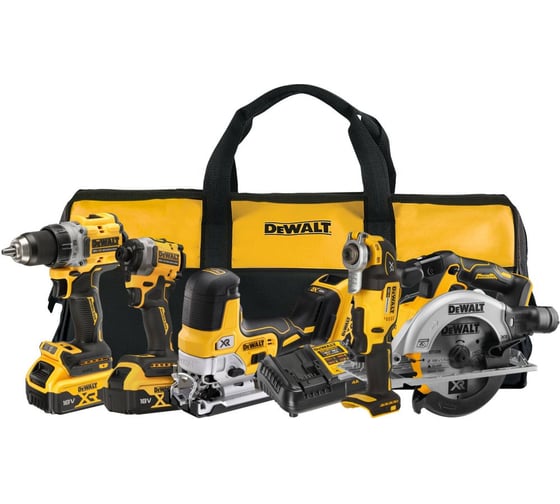 Аккумуляторный набор Dewalt, 18 В: дрель-шуруповерт + шуруповерт + пила + лобзик + реноватор, с 3 АКБ 5 Ач и ЗУ в сумке DCK502P3-QW