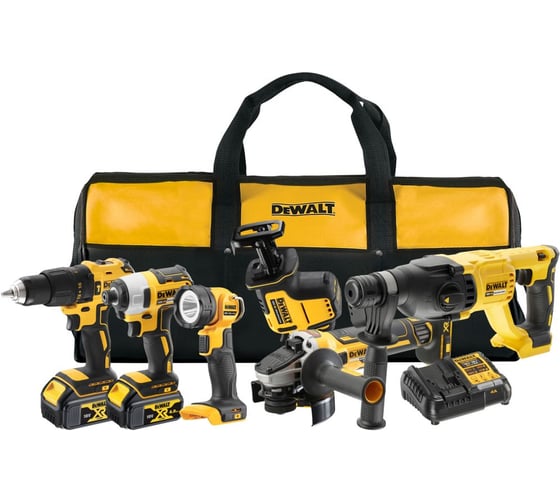 Аккумуляторный набор Dewalt DCK607M2, 18 В: дрель + шуруповерт + УШМ + перфоратор + пила + фонарь, с 2 АКБ 4 Ач и ЗУ, в сумке DCK607M2-QW
